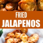 close up view of fried jalapenos with text