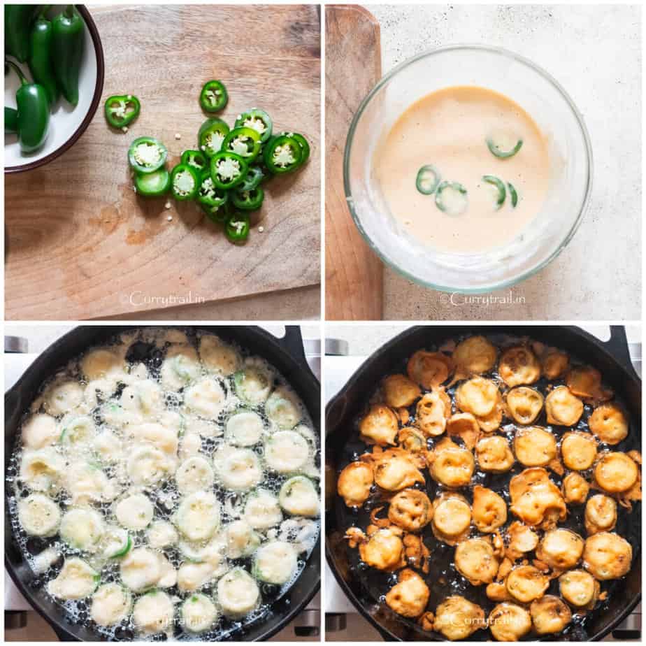picture collage of frying jalapeno slices coated in batter