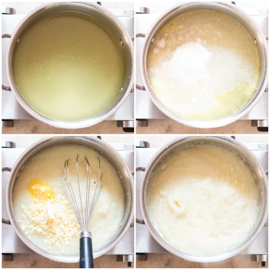 picture collage of cooking white corn grits