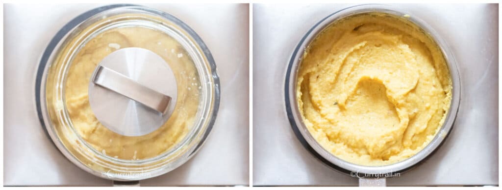 picture collage of making creamy polenta in sauce pan