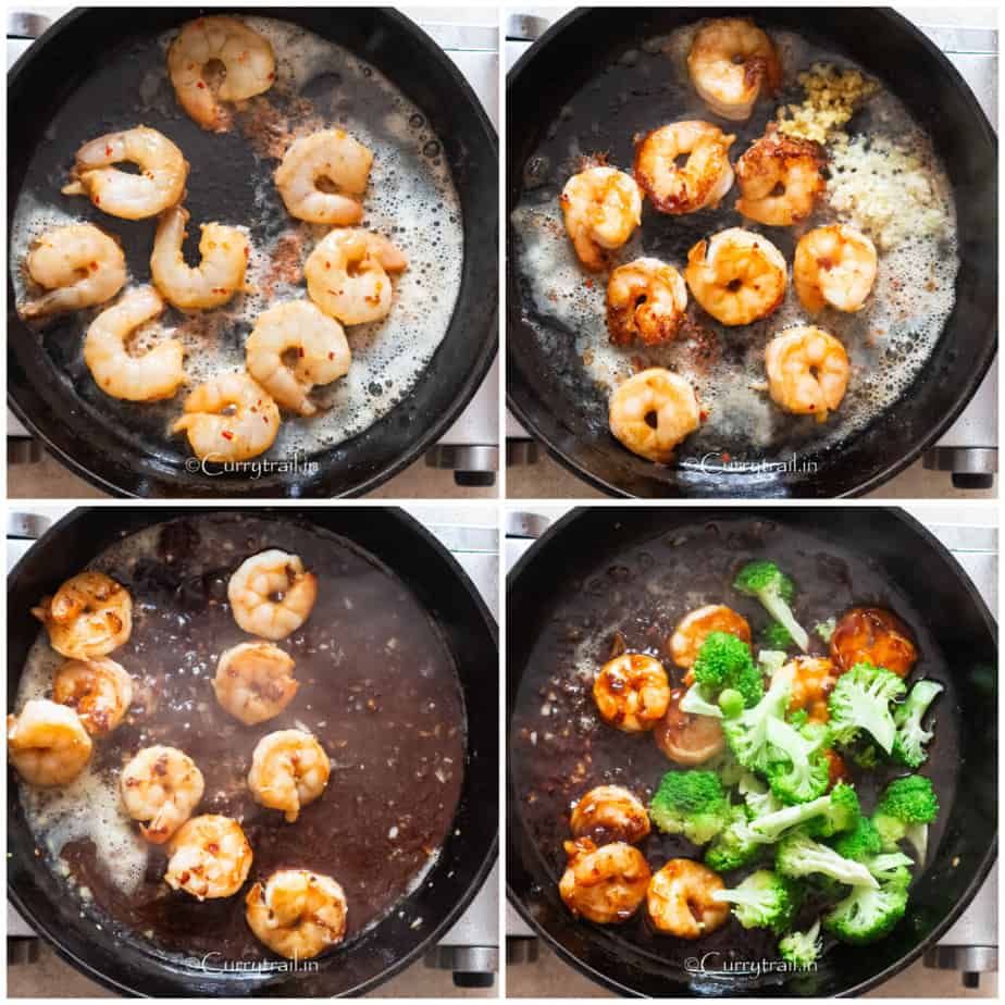 step by step picture collage of cooking stir fry with shrimp and broccoli