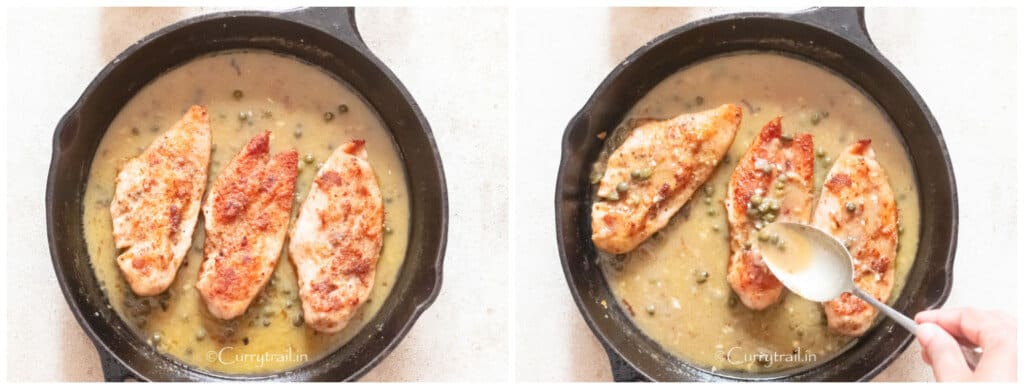picture collage of dunking pan seared chicken breasts in lemon butter capers sauce