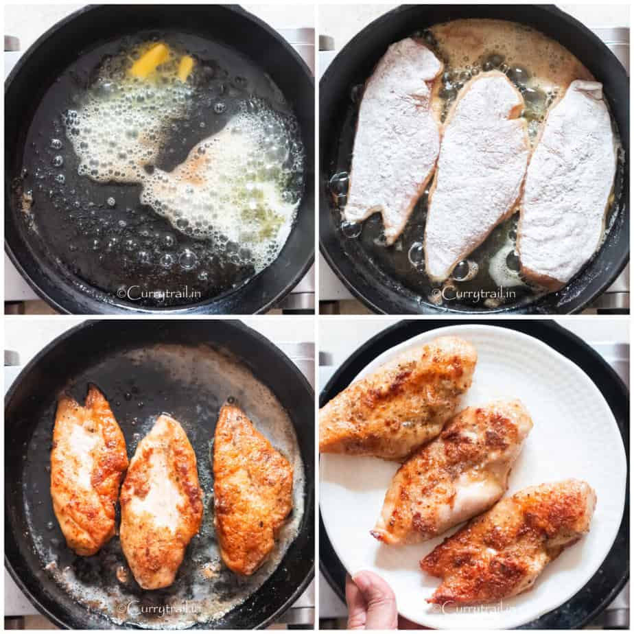 picture collage of searing chicken in cast iron pan