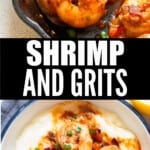 close up view of cajun shrimp on white grits with text