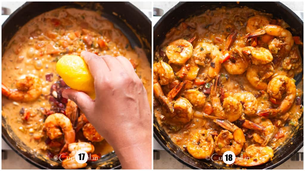 season for cajun shrimp for grits cooking in a cast iron pan.