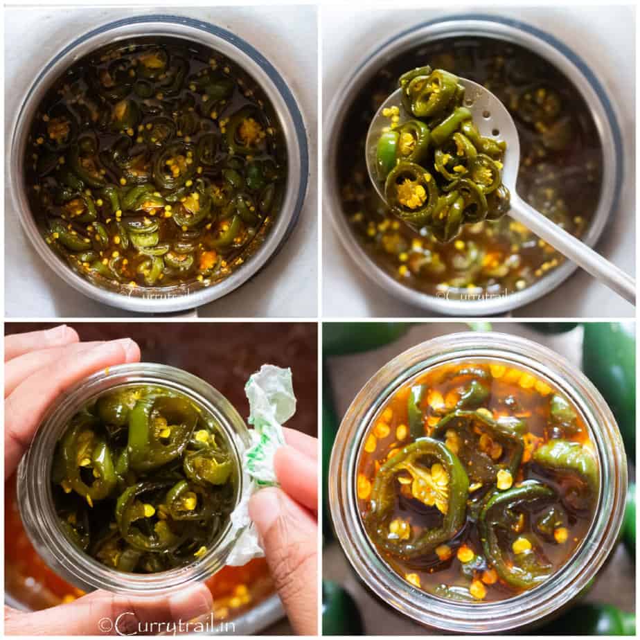 picture collage of cooking candied jalapenos