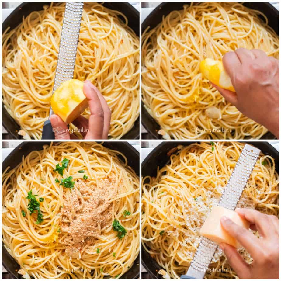 picture collage of making Anglio e olio pasta