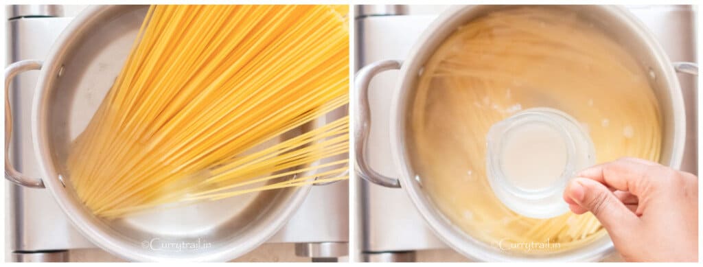 cooking spaghetti in boiling water