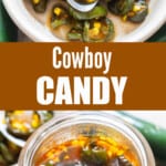 candied jalapenos in jars with text overlay