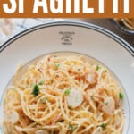 garlic spaghetti in bowl with text