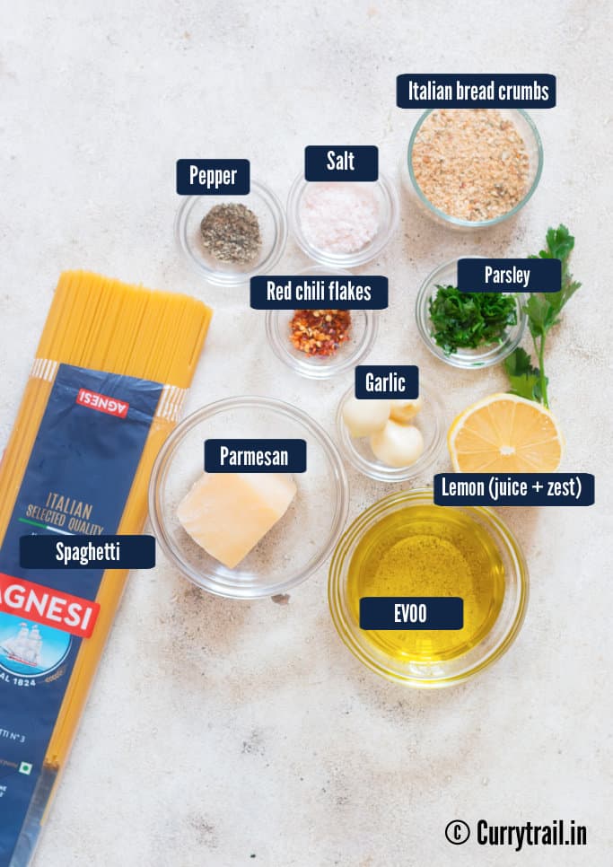 all ingredients for garlic and olive oil pasta