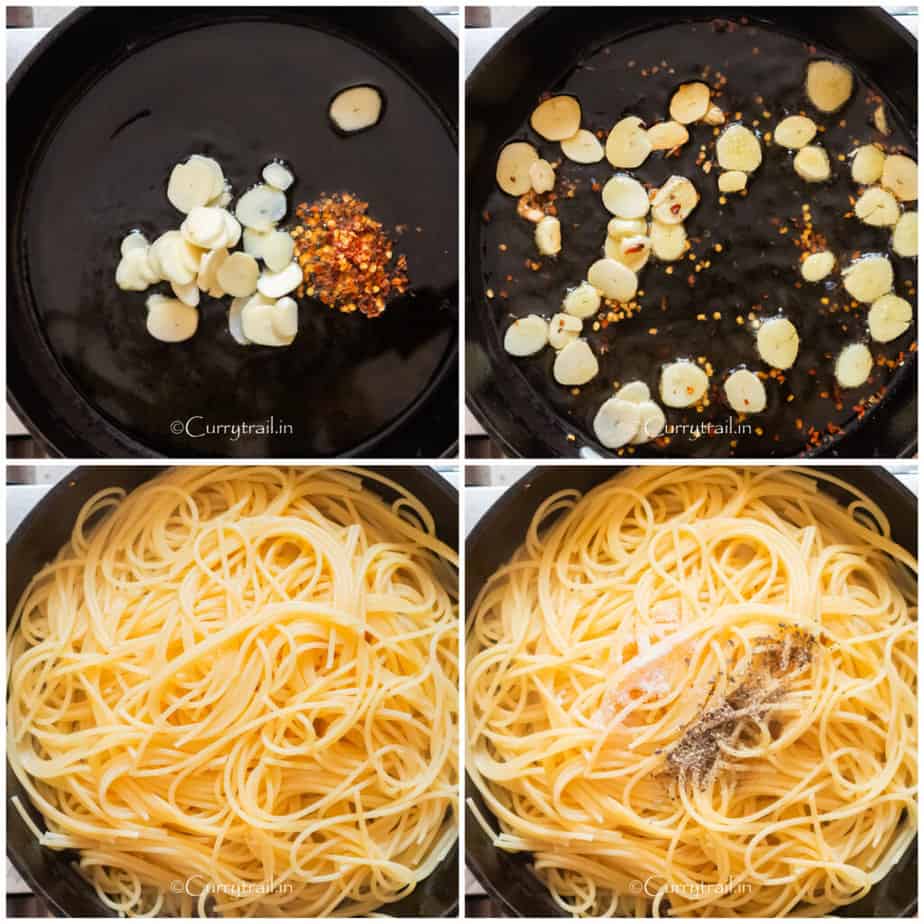 picture collage of cooking garlic spaghetti