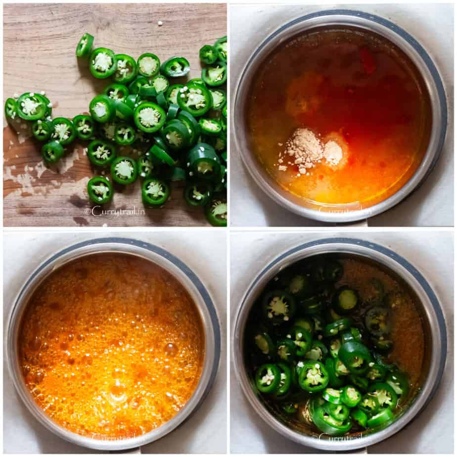 picture collage of cooking candied jalapenos