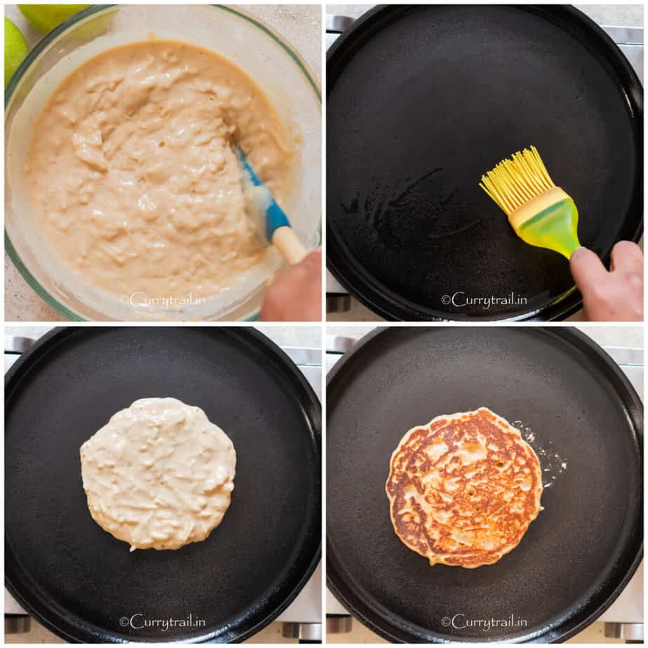 picture collage of making pancakes with apples