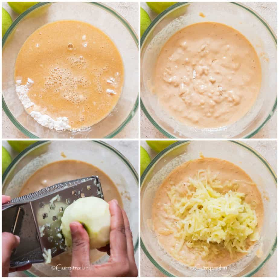 picture collage of making pancake batter with apples