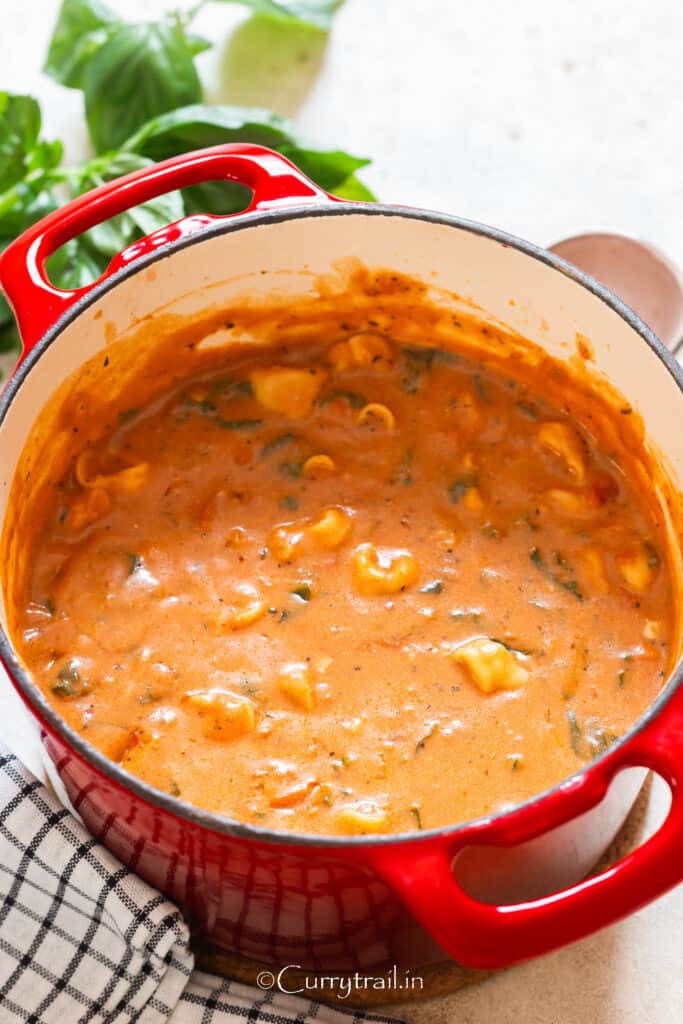 pot of tortellini soup in tomato sauce