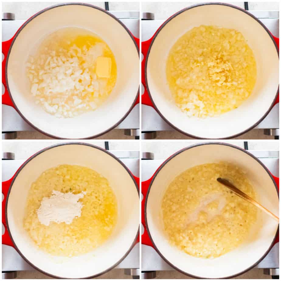 picture collage of sautéing onion and garlic for tortellini soup