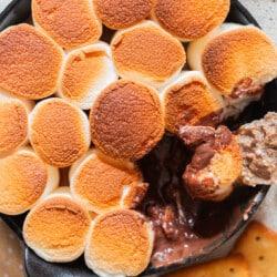 indoor smores dip made in cast iron pan