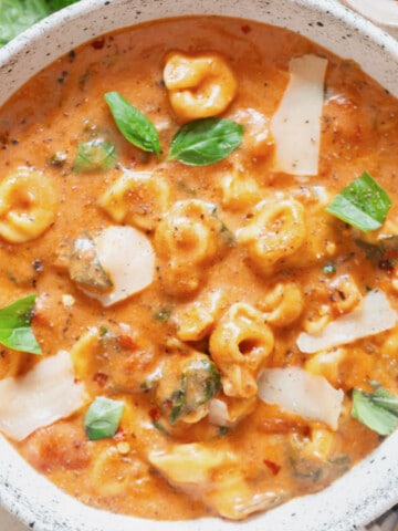 a bowl of tortellini soup