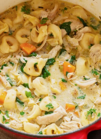 close up view of tortellini chicken soup in pot