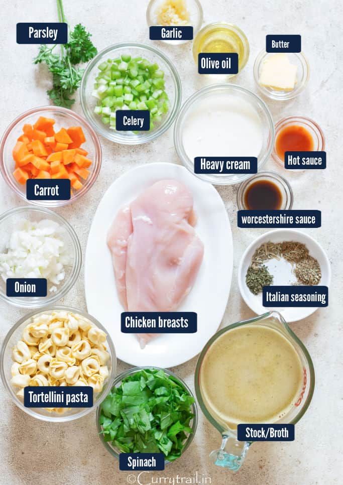 all ingredients for creamy chicken soup with tortellini pasta