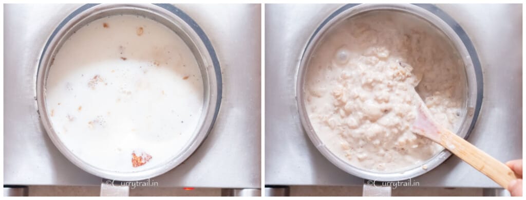 cooking oatmeal with apples in sauce pan