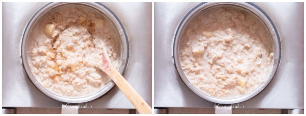 cooking oatmeal with apples in sauce pan