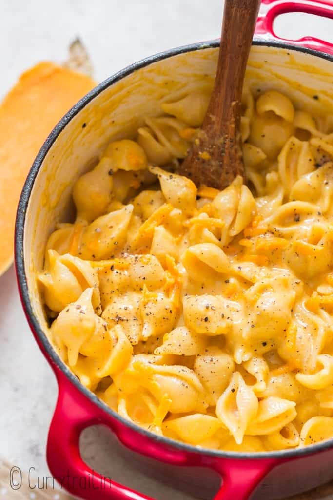 mac and cheese in butternut squash sauce cooked in pot