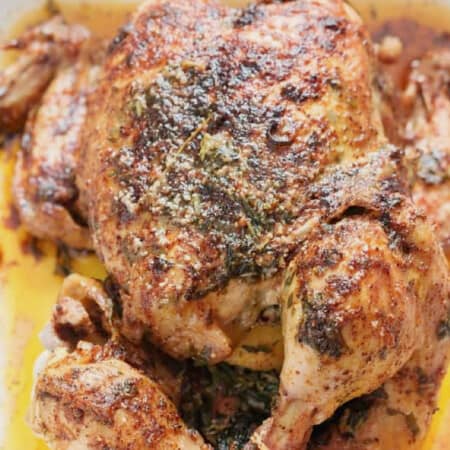 close-up view of pressure-cooked whole chicken with spices, herbs, and butter.