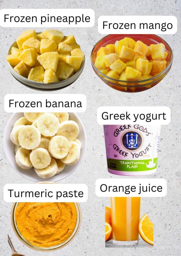 all ingredients for pineapple smoothie in bowls.