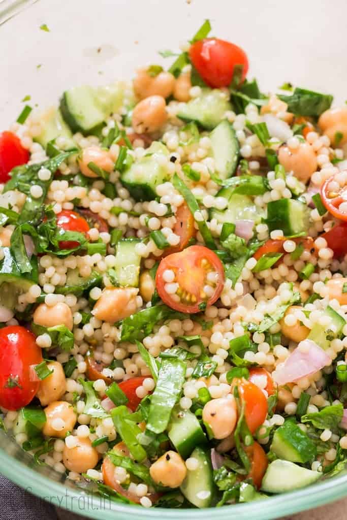 Israeli couscous salad in a bowl.