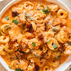 creamy Marry Me chicken and tortellini pasta on a plate.