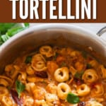 Marry Me chicken with tortellini pasta in a pot with text overlay.