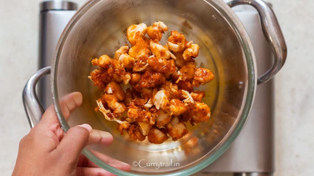 browned chicken cubes in a bowl.
