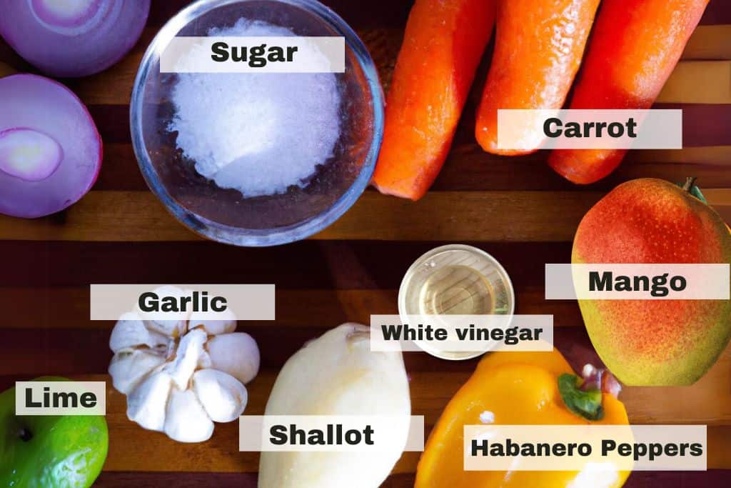 all ingredients for mango habanero hot sauce are arranged on a wooden board.