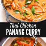 chicken Panang curry cooked in a cast iron skillet and served with rice.