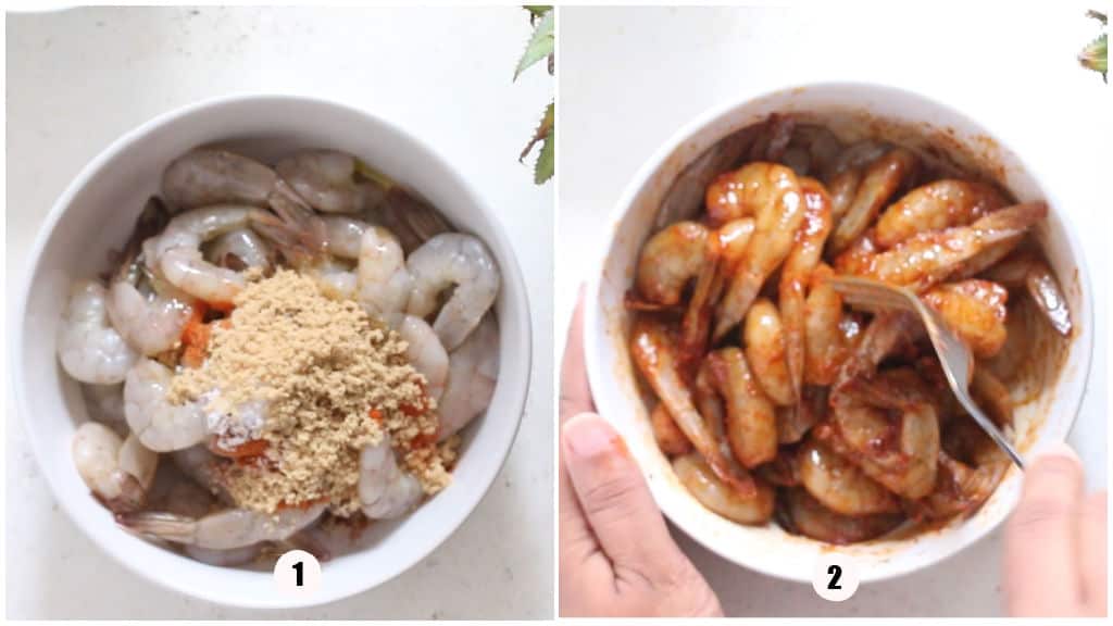 marinating shrimp with spice rub.