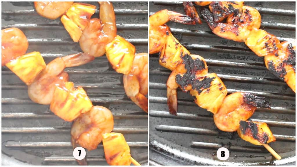 grilled pineapple and shrimp skewers grilled on a pan.