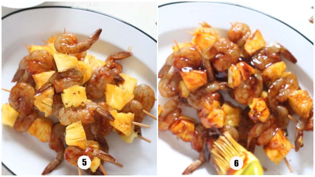 teriyaki sauce rubbed over shrimp skewers with pineapple in it.