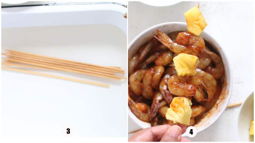picture collage of skewering shrimp and pineapple in bamboo skewers.