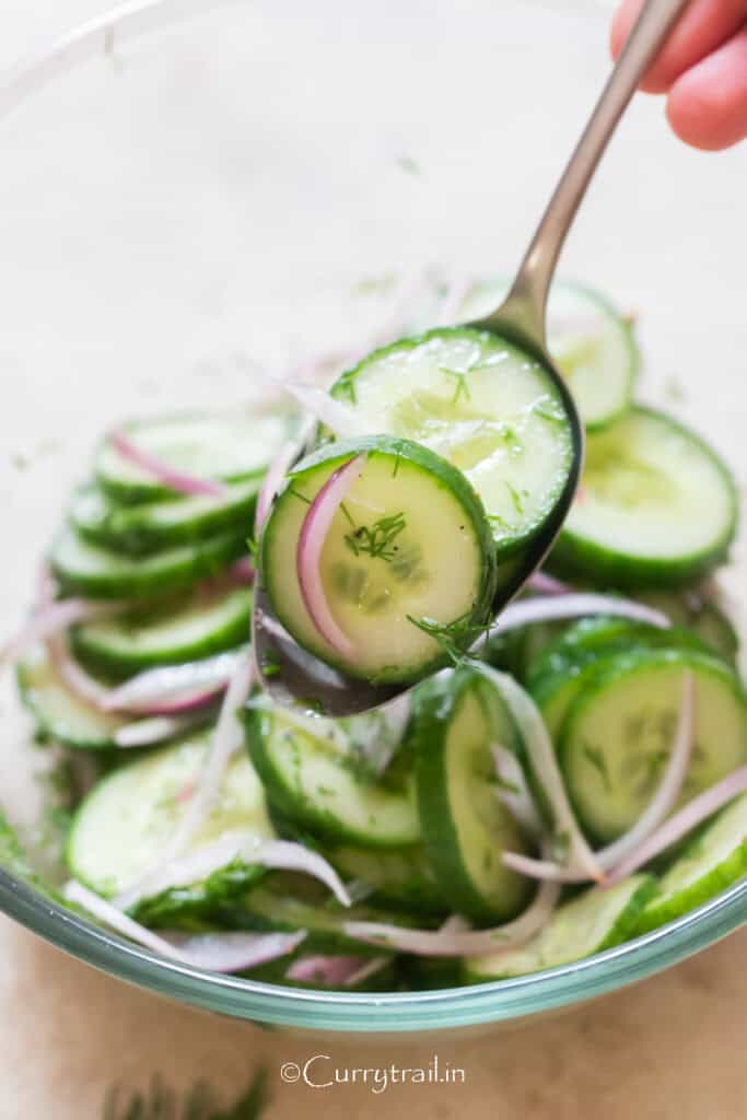 dill and cucumber salad in a bowl.