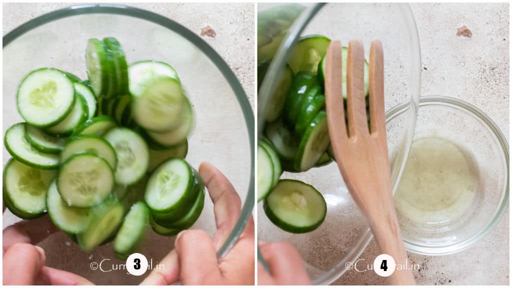 picture collage of cucumber slices tossed in salt and draining liquid from it.