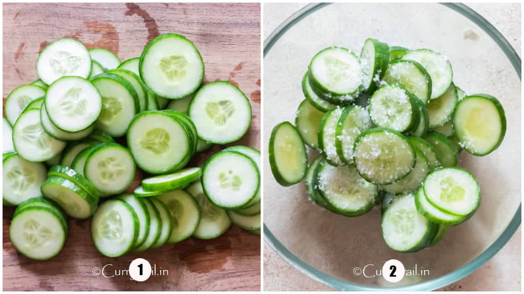 picture collage of tossing cucumber slices in salt and sugar.