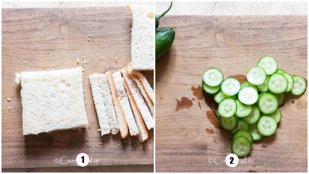 picture collage of prepping bread slices and cucumbers for a tea sandwich.