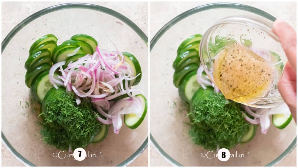 picture collage of making dill and cucumber salad in a bowl.