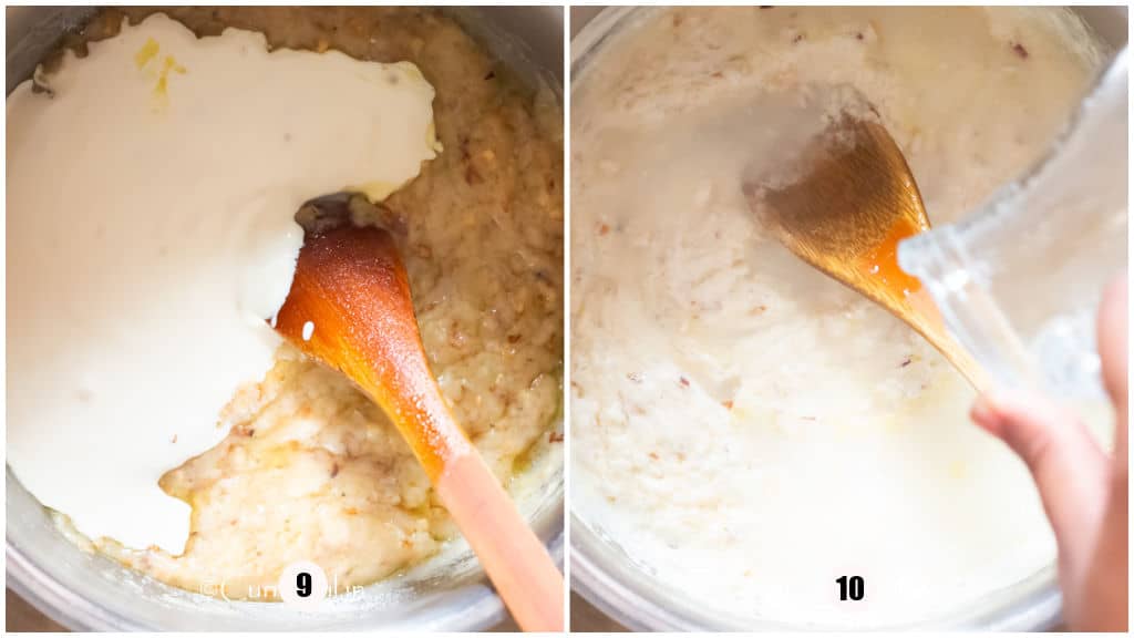 picture collage of cooking cream sauce in a pot.