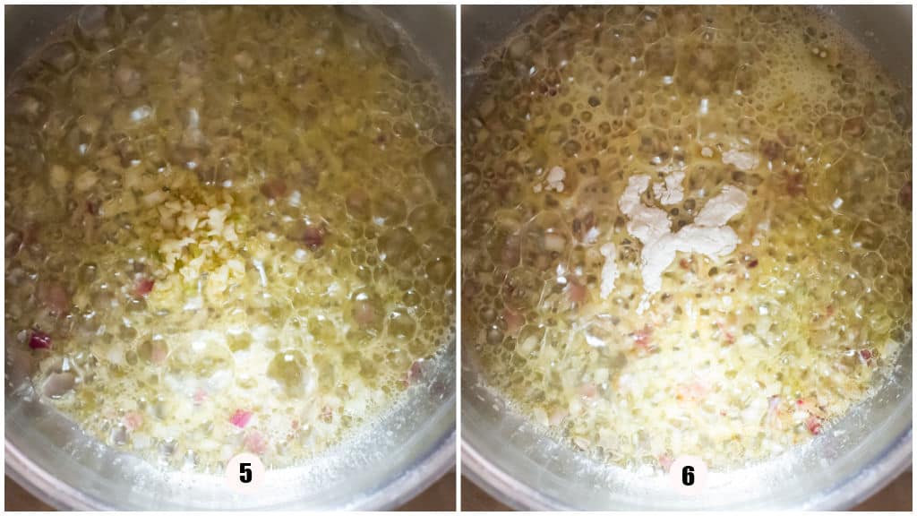 picture collage of sautéing shallots in butter and olive oil.