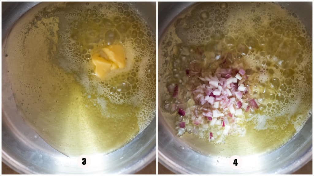 picture collage of sautéing shallots in butter and olive oil.
