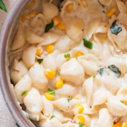 shell pasta and sweet corn cooked in a creamy sauce in a pot.