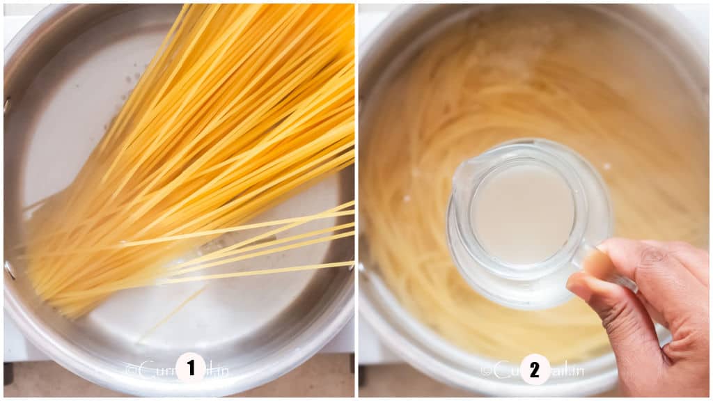 collage of cooking pasta in a boiling pot of water.